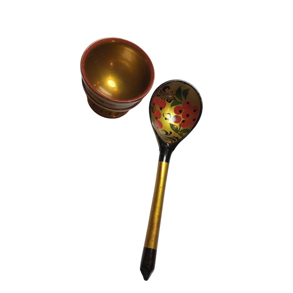 VINTAGE UNUSED 1970's HAND MADE & PAINTED RUSSIAN KHOKHLOMA WOODEN SPOON and CUP
